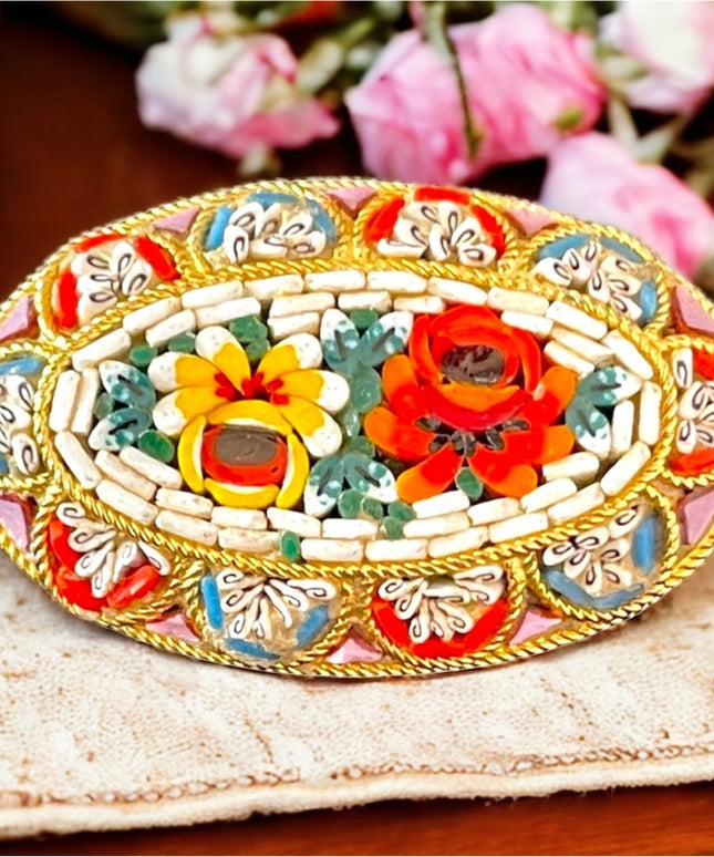 Vintage Italy Gold plated micro mosaic glass oval brooch