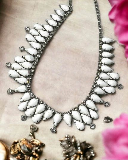 Vintage 1950s Milk glass crystal choker party necklace wedding prom