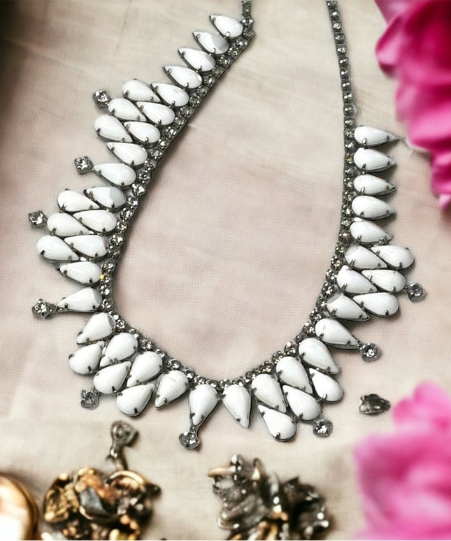 Vintage 1950s Milk glass crystal choker party necklace wedding prom