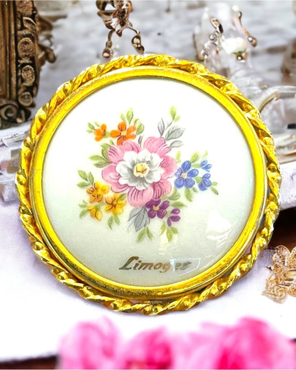 Antique Limoges porcelin Hand painted flowers gold finish round brooch appx 1920
