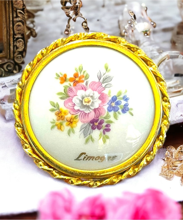 Antique Limoges porcelin Hand painted flowers gold finish round brooch appx 1920