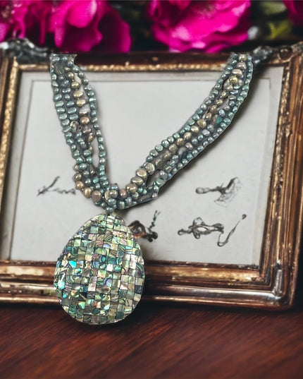 FRESH WATER PEARL & ABALONE bead LG tear drop pendant necklace