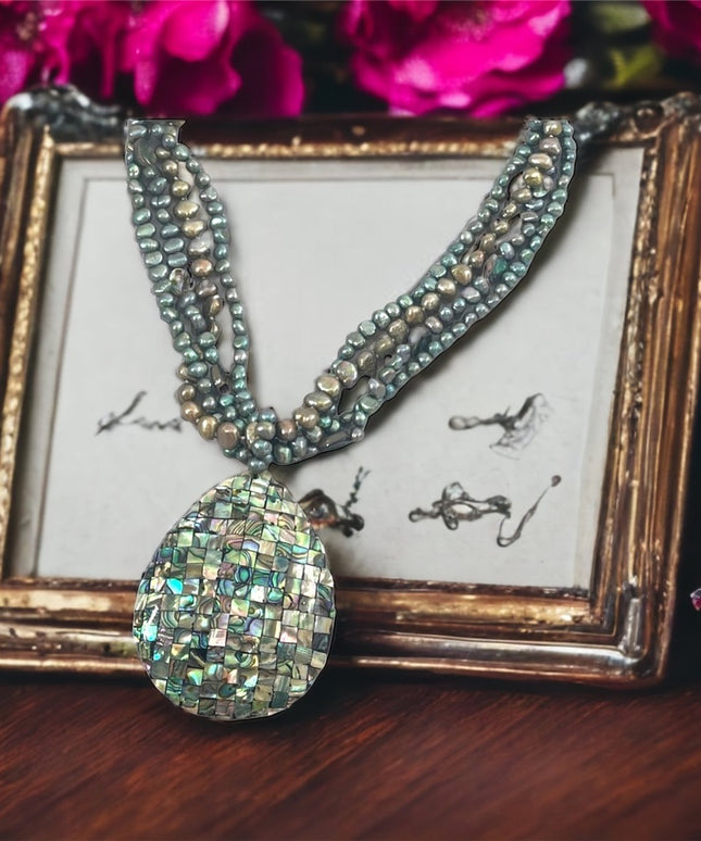 FRESH WATER PEARL & ABALONE bead LG tear drop pendant necklace