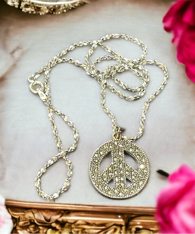 Vintage sterling silver marcasite peace sign pendant & sterling chain necklace