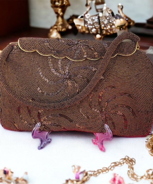 Vintage 1950s Brown beaded purse evening bag