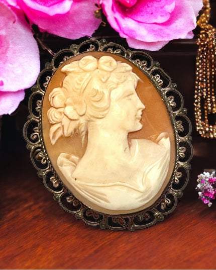 Vintage Silver filagree Hand carved shell Cameo Victorian Lady Large