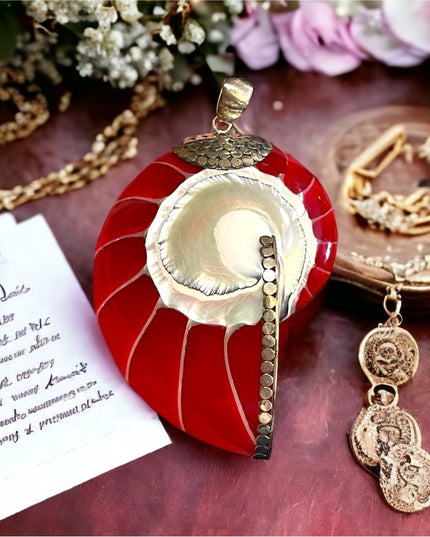 Red sterling silver 925 XL fancy Nautilus Shell necklace pendant