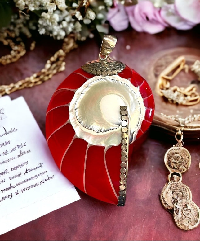 Red sterling silver 925 XL fancy Nautilus Shell necklace pendant