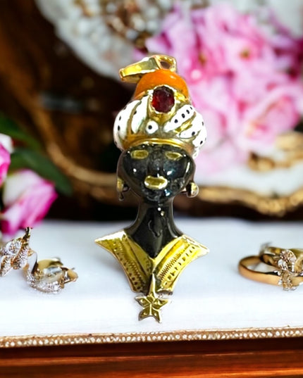 Antique 1800s Blackamoor Solid Gold Coral Enamel Pendant  Italy Ruby Coral