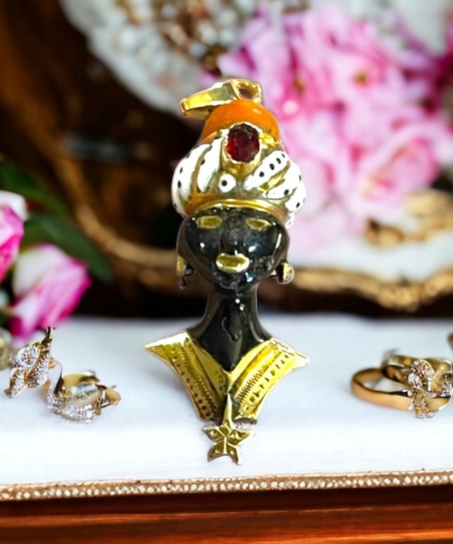 Antique 1800s Blackamoor Solid Gold Coral Enamel Pendant  Italy Ruby Coral