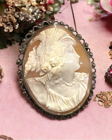 Antique Victorian Sterling high relief carved shell cameo brooch LARGE Heavy!