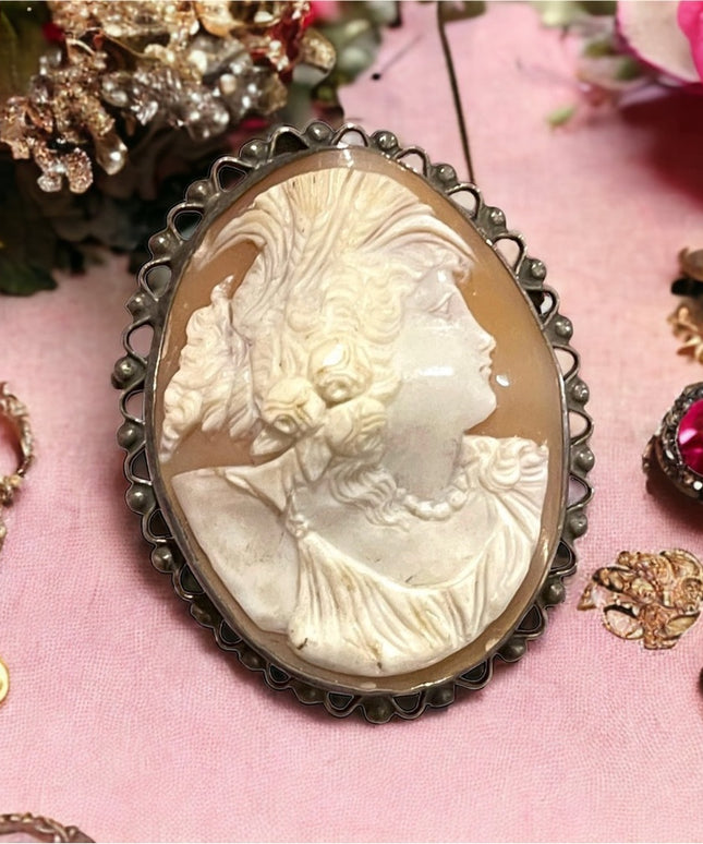 Antique Victorian Sterling high relief carved shell cameo brooch LARGE Heavy!