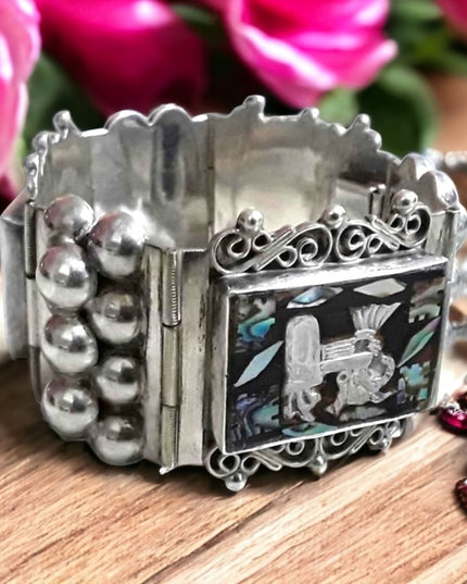 Vintage 1930s Abalone Inlay Warrior Sterling silver Mexico bracelet Aztec heavy