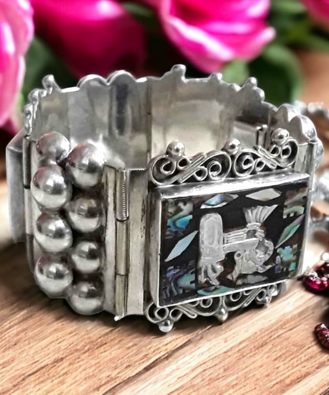 Vintage 1930s Abalone Inlay Warrior Sterling silver Mexico bracelet Aztec heavy