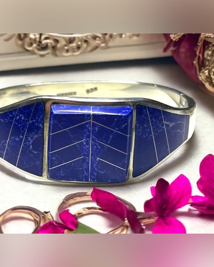 Vintage Blue Lapis Lazuli ZUNI Sterling silver 925 bangle bracelet orante inlay