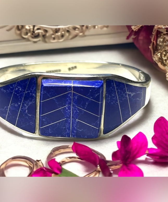 Vintage Blue Lapis Lazuli ZUNI Sterling silver 925 bangle bracelet orante inlay