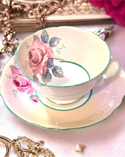 Paragon vintage tea Cup ,Saucer, Pink Cabbage Rose, Double warrant RARE peach