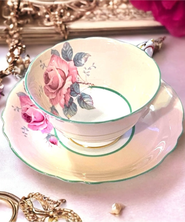 Paragon vintage tea Cup ,Saucer, Pink Cabbage Rose, Double warrant RARE peach