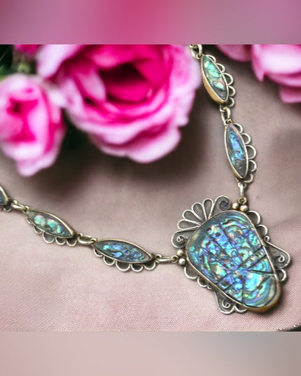 Pre-1948 Gustavo Martinez Mexico Sterling & Abalone Deco-Aztec Necklace TAXCO