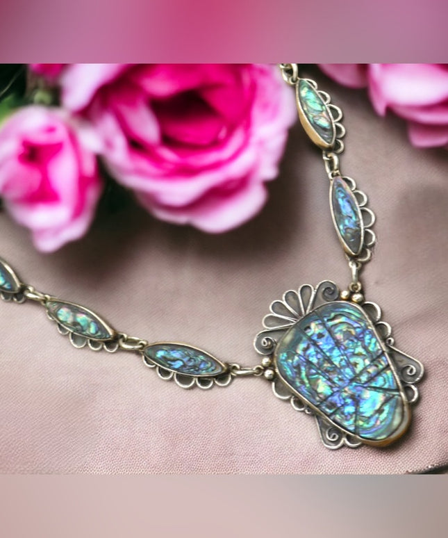 Pre-1948 Gustavo Martinez Mexico Sterling & Abalone Deco-Aztec Necklace TAXCO