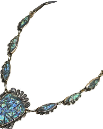 Pre-1948 Gustavo Martinez Mexico Sterling & Abalone Deco-Aztec Necklace TAXCO