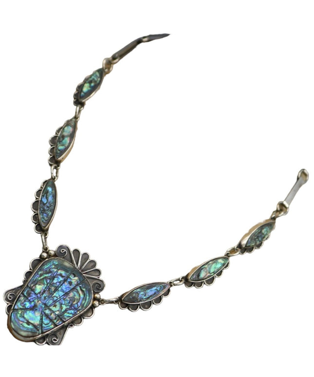 Pre-1948 Gustavo Martinez Mexico Sterling & Abalone Deco-Aztec Necklace TAXCO