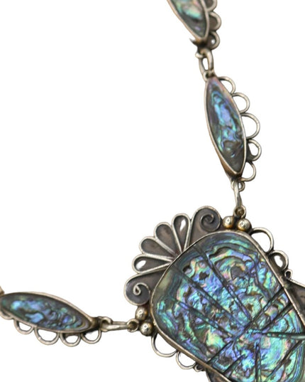 Pre-1948 Gustavo Martinez Mexico Sterling & Abalone Deco-Aztec Necklace TAXCO