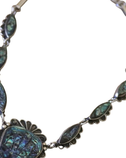 Pre-1948 Gustavo Martinez Mexico Sterling & Abalone Deco-Aztec Necklace TAXCO