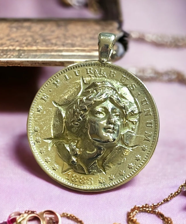 Antique 1883 sterling half dollar US Barber 3D pop out Gibson girl pendant