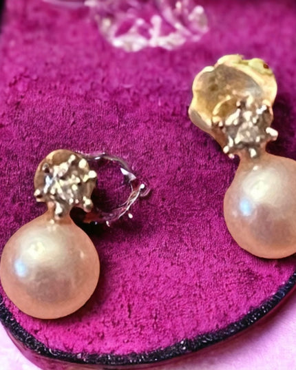 Vintage 10k Gold Pearl & Diamond Earrings