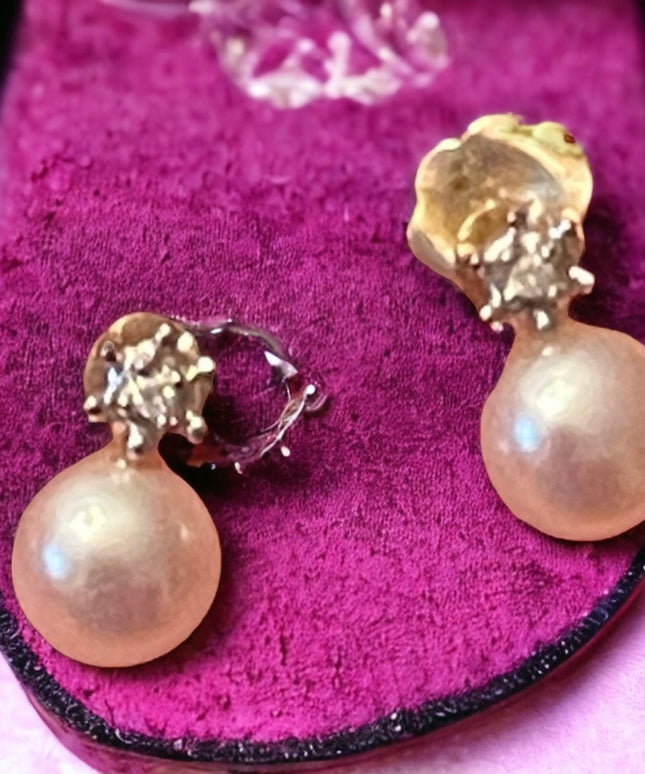Vintage 10k Gold Pearl & Diamond Earrings