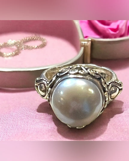 Stunning sterling silver 925 BALI pearl ornate scrolled ring Suarti