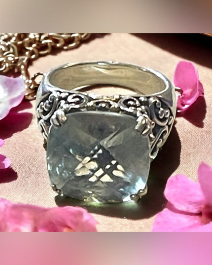 AU Sterling Silver 925/14k Prasiolite? Ornate scrolled design statement ring