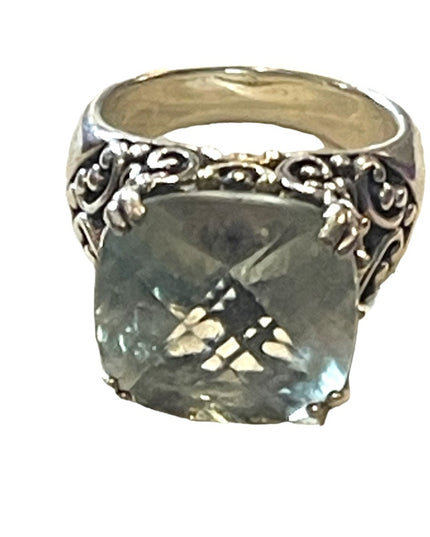 AU Sterling Silver 925/14k Prasiolite? Ornate scrolled design statement ring