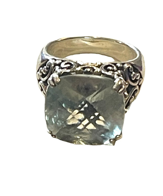 AU Sterling Silver 925/14k Prasiolite? Ornate scrolled design statement ring