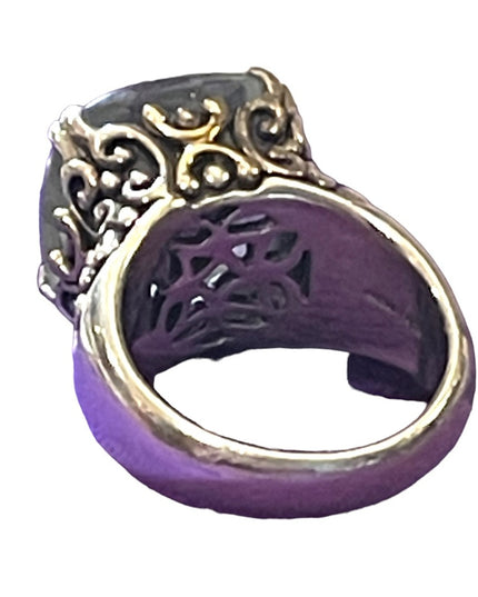 AU Sterling Silver 925/14k Prasiolite? Ornate scrolled design statement ring