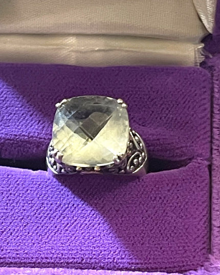 AU Sterling Silver 925/14k Prasiolite? Ornate scrolled design statement ring