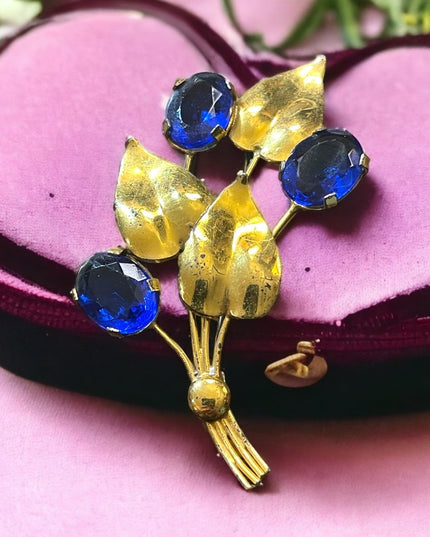 Vintage Sterling silver gold plt blue paste glass LG leaf flower brooch