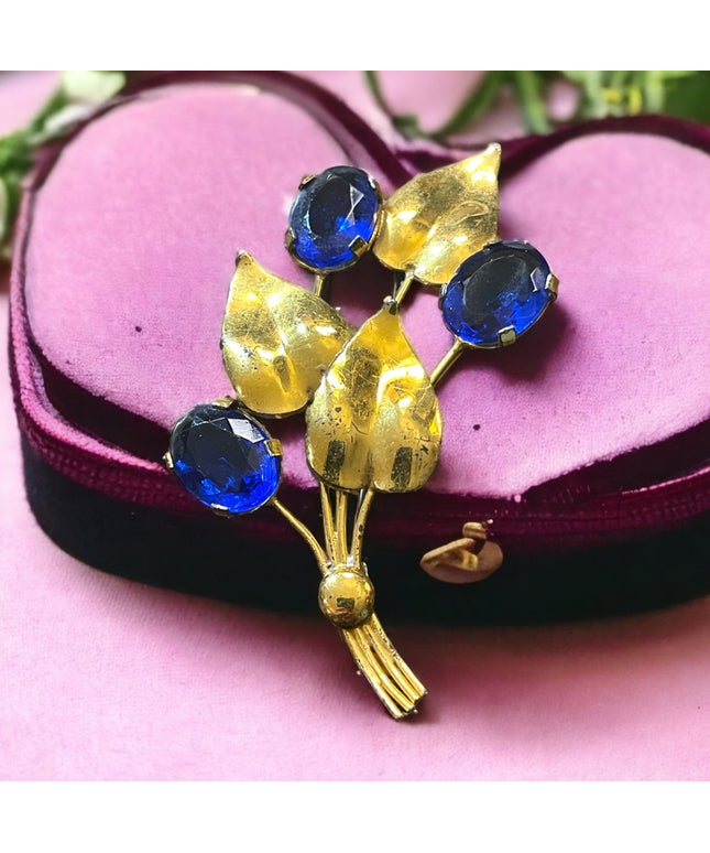 Vintage Sterling silver gold plt blue paste glass LG leaf flower brooch