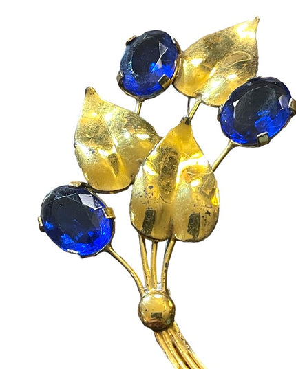 Vintage Sterling silver gold plt blue paste glass LG leaf flower brooch