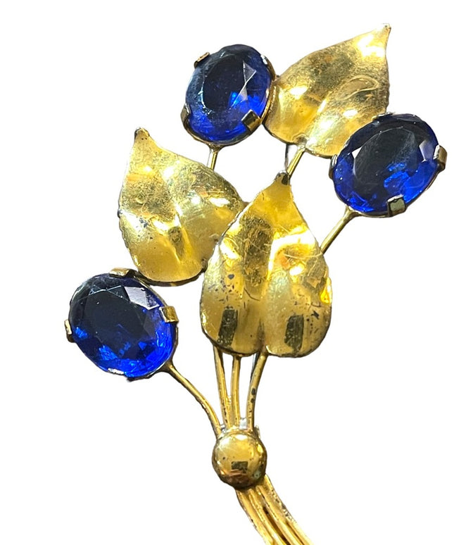 Vintage Sterling silver gold plt blue paste glass LG leaf flower brooch