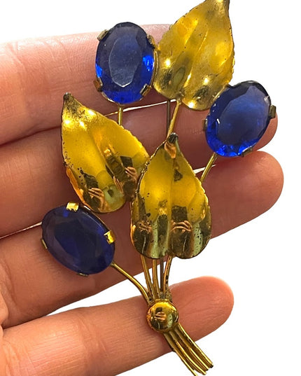 Vintage Sterling silver gold plt blue paste glass LG leaf flower brooch