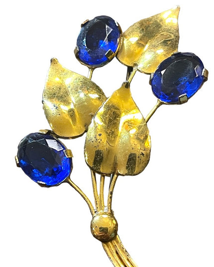 Vintage Sterling silver gold plt blue paste glass LG leaf flower brooch
