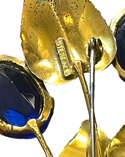 Vintage Sterling silver gold plt blue paste glass LG leaf flower brooch