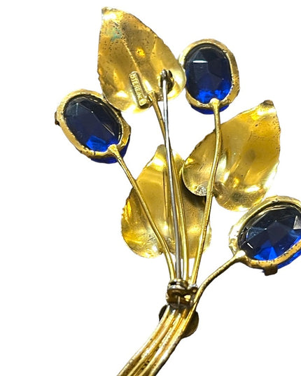 Vintage Sterling silver gold plt blue paste glass LG leaf flower brooch