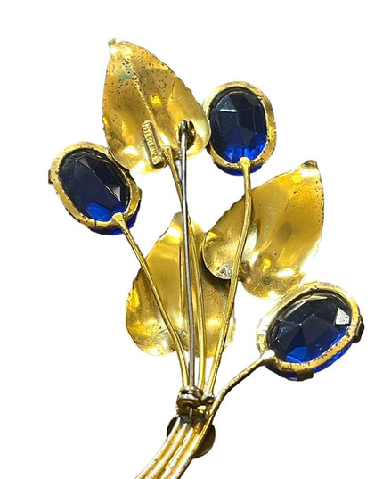 Vintage Sterling silver gold plt blue paste glass LG leaf flower brooch