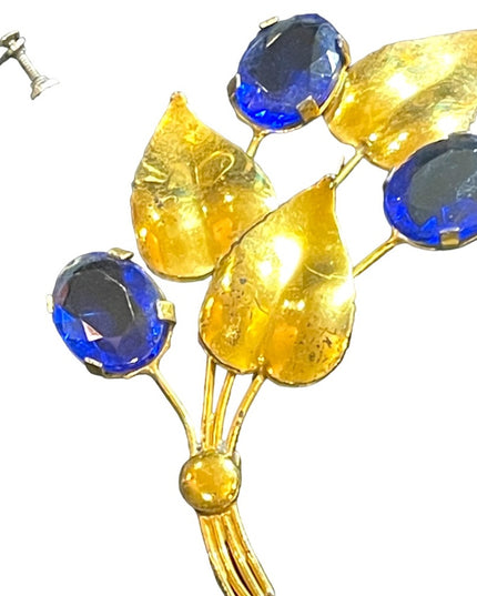 Vintage Sterling silver gold plt blue paste glass LG leaf flower brooch