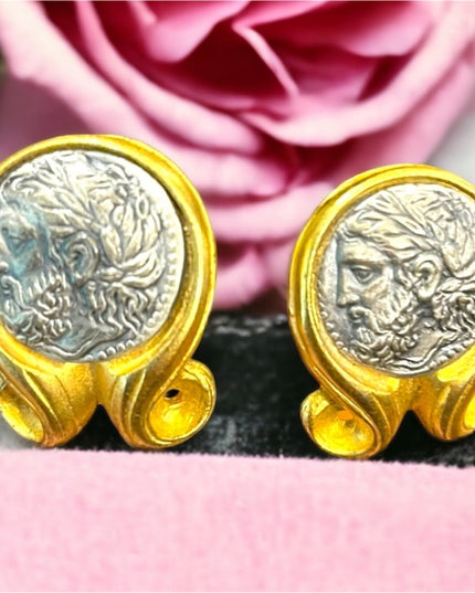Vintage Large ornate Roman Greek coin fancy clip on earrings gold finish