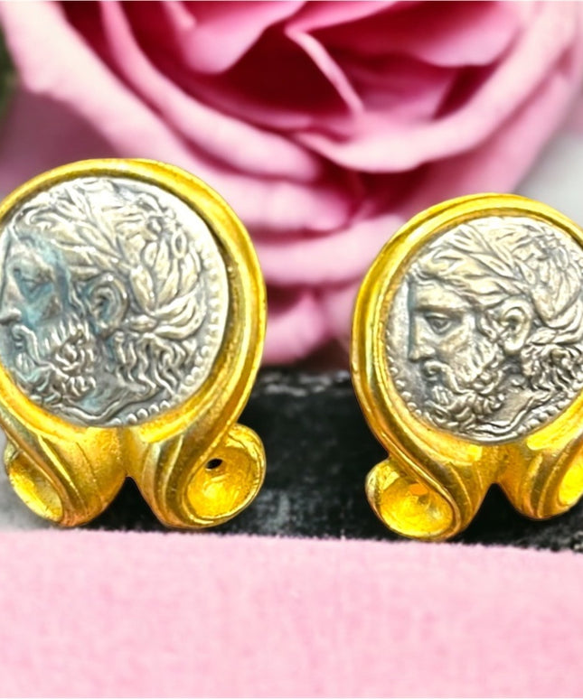 Vintage Large ornate Roman Greek coin fancy clip on earrings gold finish