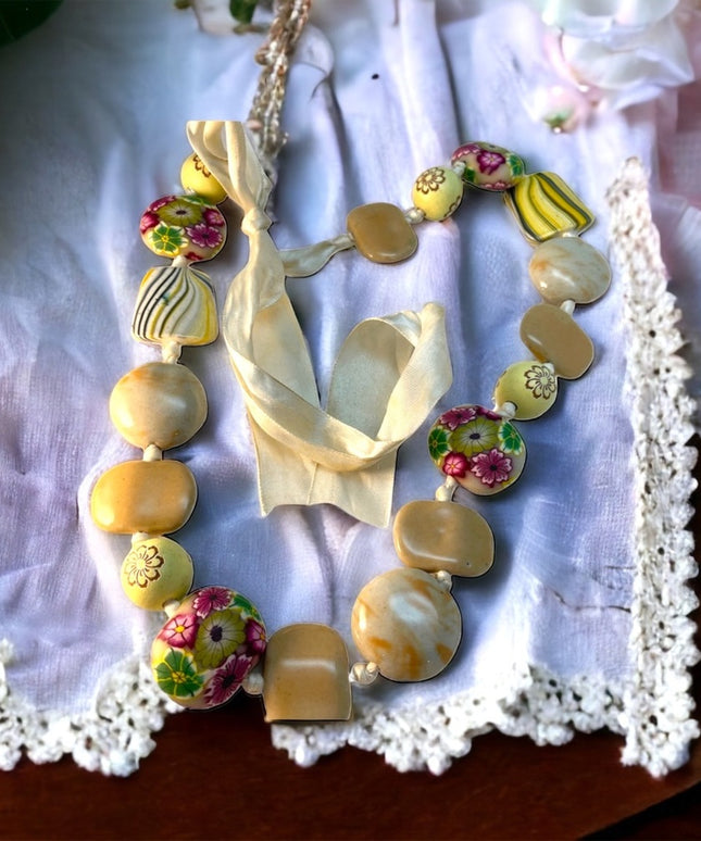 lovely Clay , glass &  Wood bead chunky funky necklace